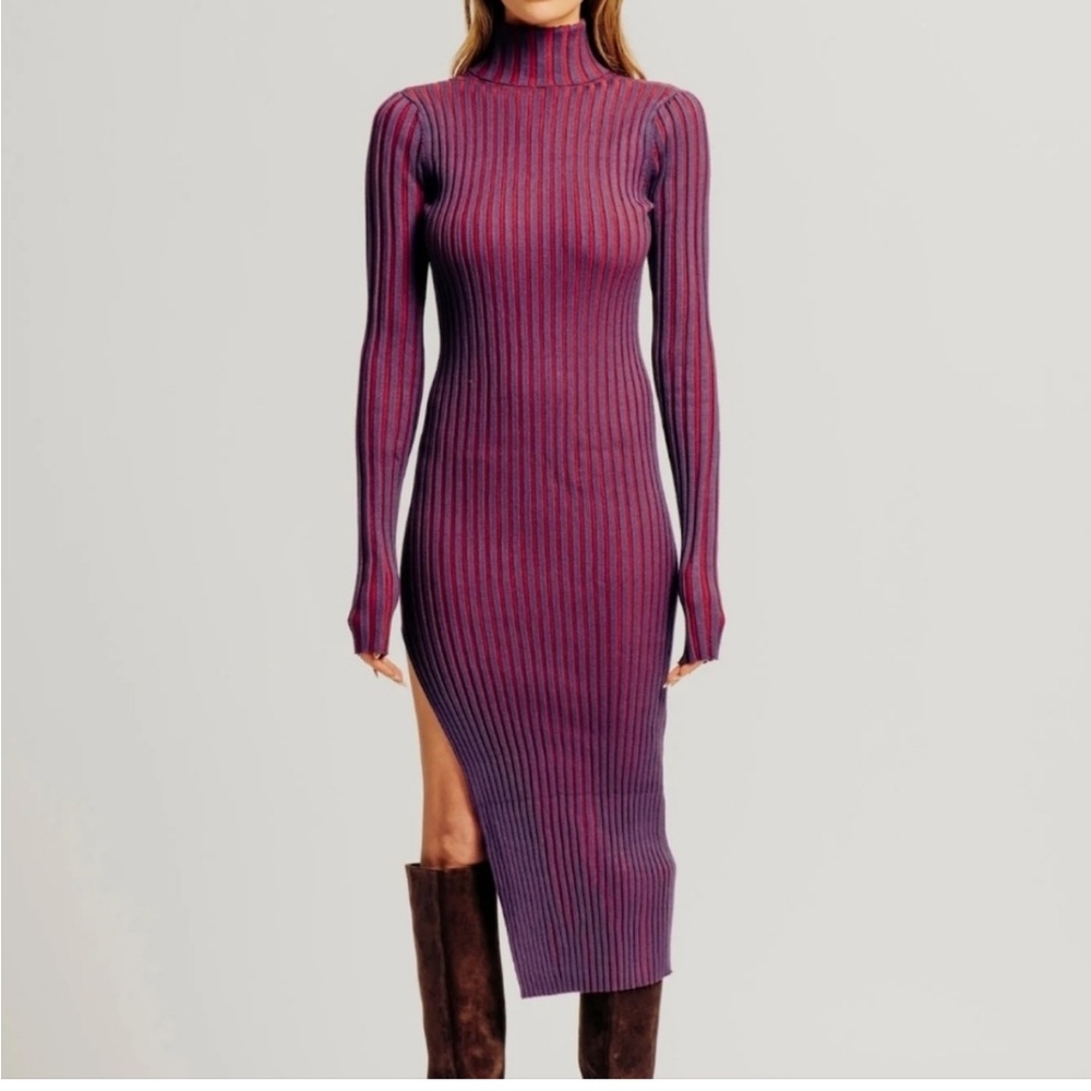Torn by Ronny Kobo Purple Ribbed Turtleneck Midi Dress